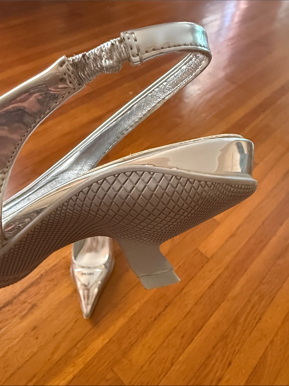 Prada Metallic Silver Pointed Toe Pumps - Mirror Finish, kitten heels - Picture 5 of 5